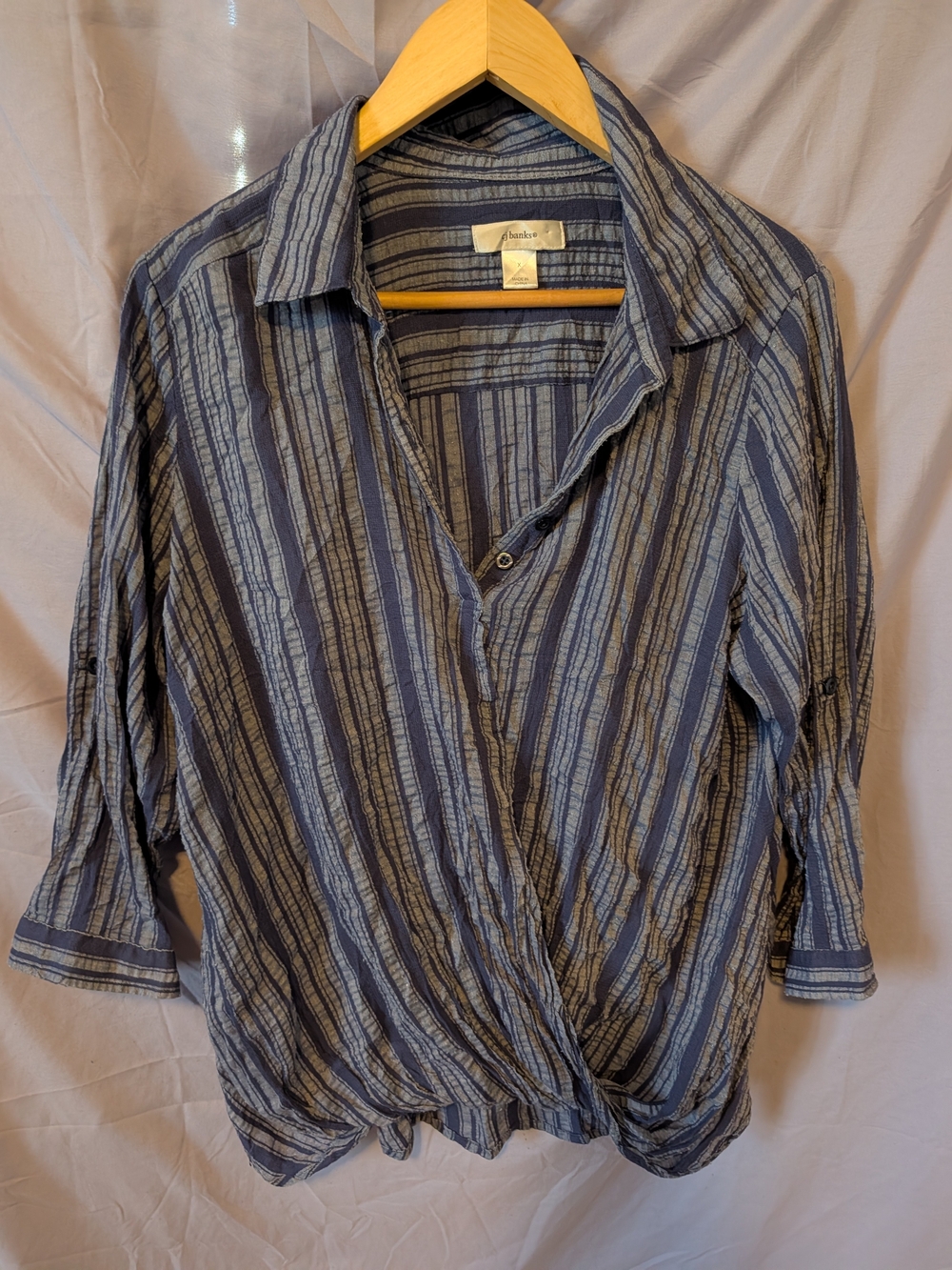 C.J. Banks Striped Draped Faux Wrap Blouse Top  Size X Blue & Gray